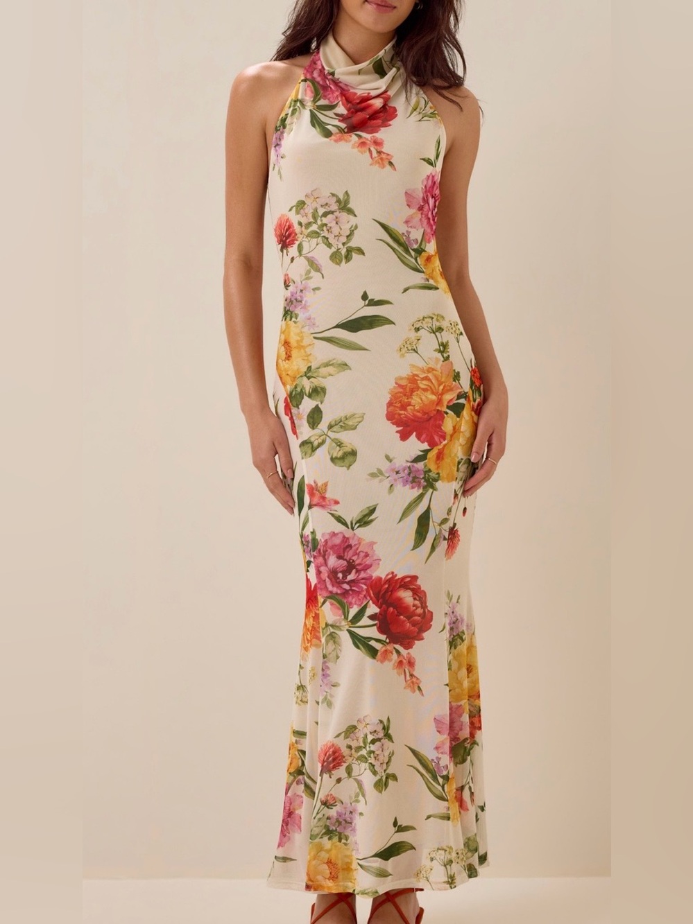Altar'd State Cream Halter Maxi Dress with Pink, Red & Yellow Floral Print